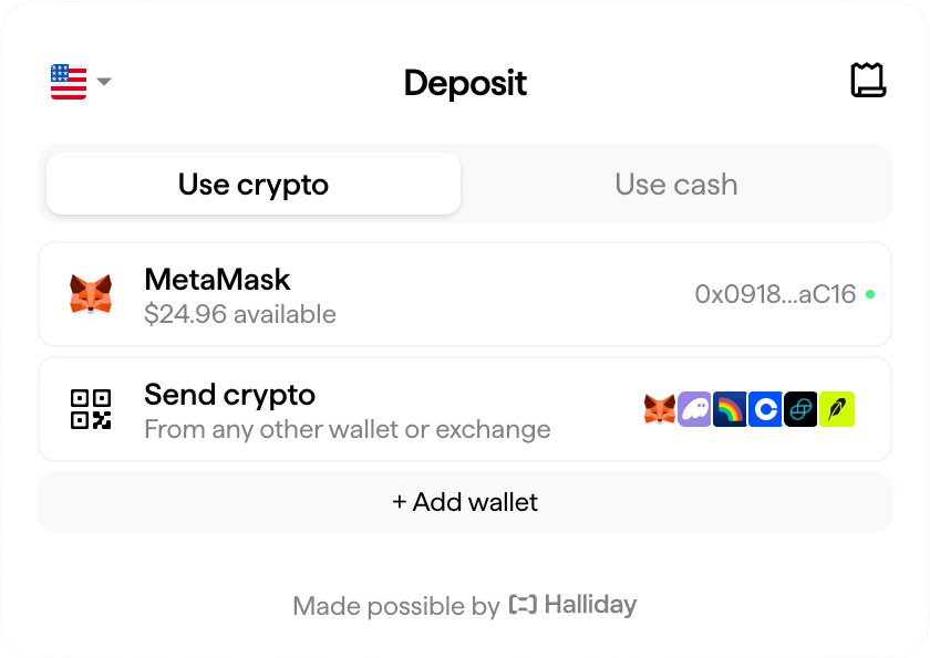 Halliday deposit widget showing crypto funding sources for a perp DEX margin account