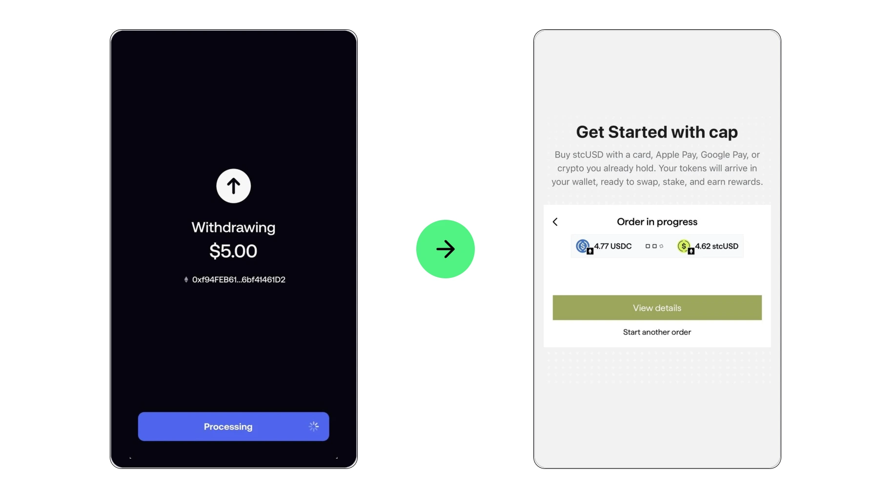 Withdrawing USDC from Fomo on the left, and Cap's get started page showing the order in progress from USDC to stcUSD on the right